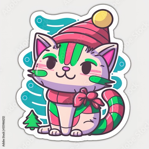Cartoon  cute  white Christmas cat sticker. Merry Christmas. Vector illustration.