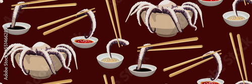 A pattern of octopus tentacles, plates with octopus, sauces and Chinese chopsticks on a burgundy background. Asian cuisine with seafood. Suitable for printing on textiles and paper for kitchen