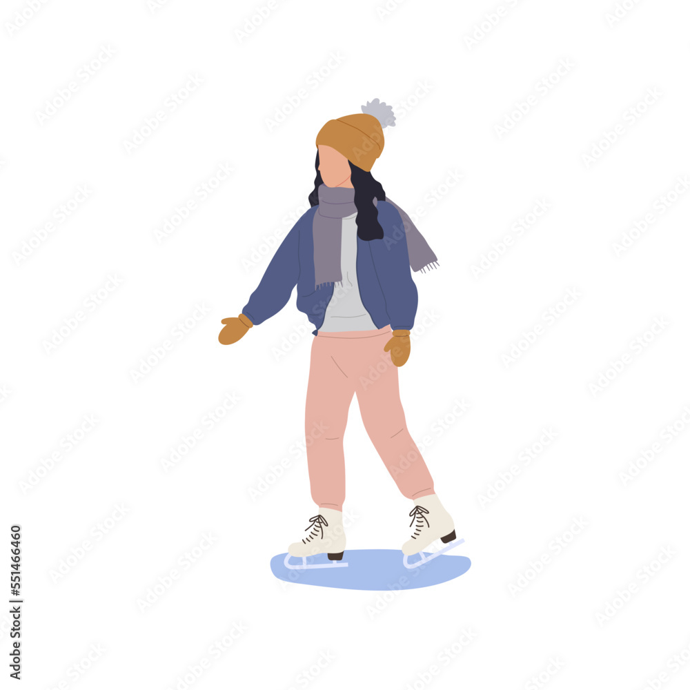 Young woman skating on outdoor ice rink. Girl spending leisure time doing winter sport. Vector illustration isolated on white background Young woman skating on outdoor ice rink. Girl spending leisure time doing winter sport. Vector illustration isolated on white background