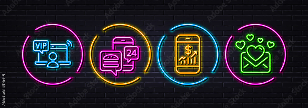 Mobile finance, Vip access and Food app minimal line icons. Neon laser 3d lights. Love mail icons. For web, application, printing. Phone accounting, Exclusive privilege, Meal order. Vector