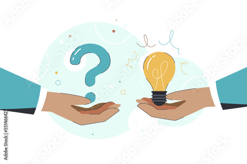 Question and answer, solving problem, business solution, ask for  idea to solve difficulty and trouble, FAQ concept, businessman hand holding question mark with other reply with light bulb.