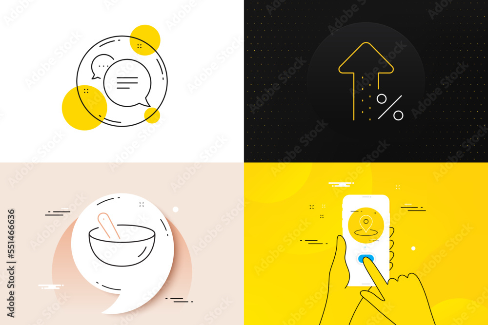 Minimal set of Pin, Cooking mix and Increasing percent line icons. Phone screen, Quote banners. Text message icons. For web development. Map point, Bowl, Discount. Chat bubble. Pin line icon. Vector Minimal set of Pin, Cooking mix and Increasing percent line icons. Phone screen, Quote banners. Text message icons. For web development. Map point, Bowl, Discount. Chat bubble. Pin line icon. Vector