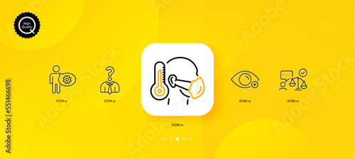 Sick man, Cogwheel and Farsightedness minimal line icons. Yellow abstract background. Hiring employees, Lawyer icons. For web, application, printing. Vector