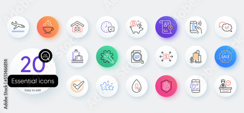 Simple set of Baggage reclaim, Stars and Sale line icons. Include Confirmed, Buildings, Select alarm icons. Bitcoin coin, Customisation, Presentation time web elements. No alcohol. Vector