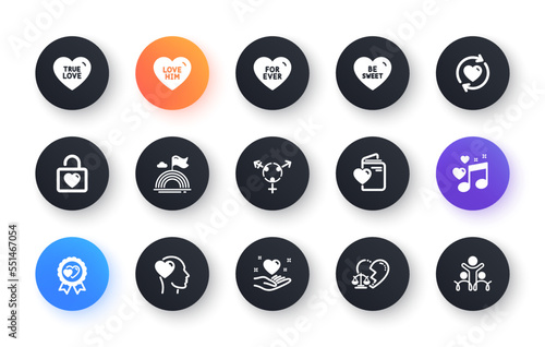 Minimal set of Friend, True love and Be sweet flat icons for web development. For ever, Love document, Divorce lawyer icons. Wedding locker, Lgbt, Genders web elements. Vector