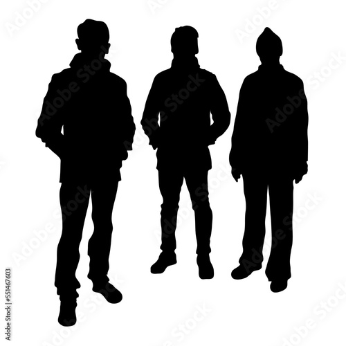 Vector silhouettes of three young people in warm winter clothes, stand tall, straight two men and one woman isolated on a white background