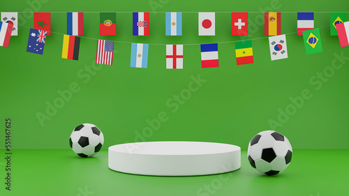 3D Render Soccer podium with country pennants on green background. Product display stage