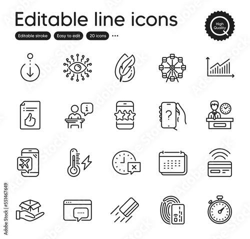 Set of Technology outline icons. Contains icons as Hold box, Flight mode and Time elements. Timer, Star, Artificial intelligence web signs. Card, Ask question, Podium elements. Vector