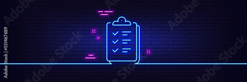 Neon light glow effect. Checklist line icon. Clipboard document sign. Questioning survey symbol. 3d line neon glow icon. Brick wall banner. Checklist outline. Vector