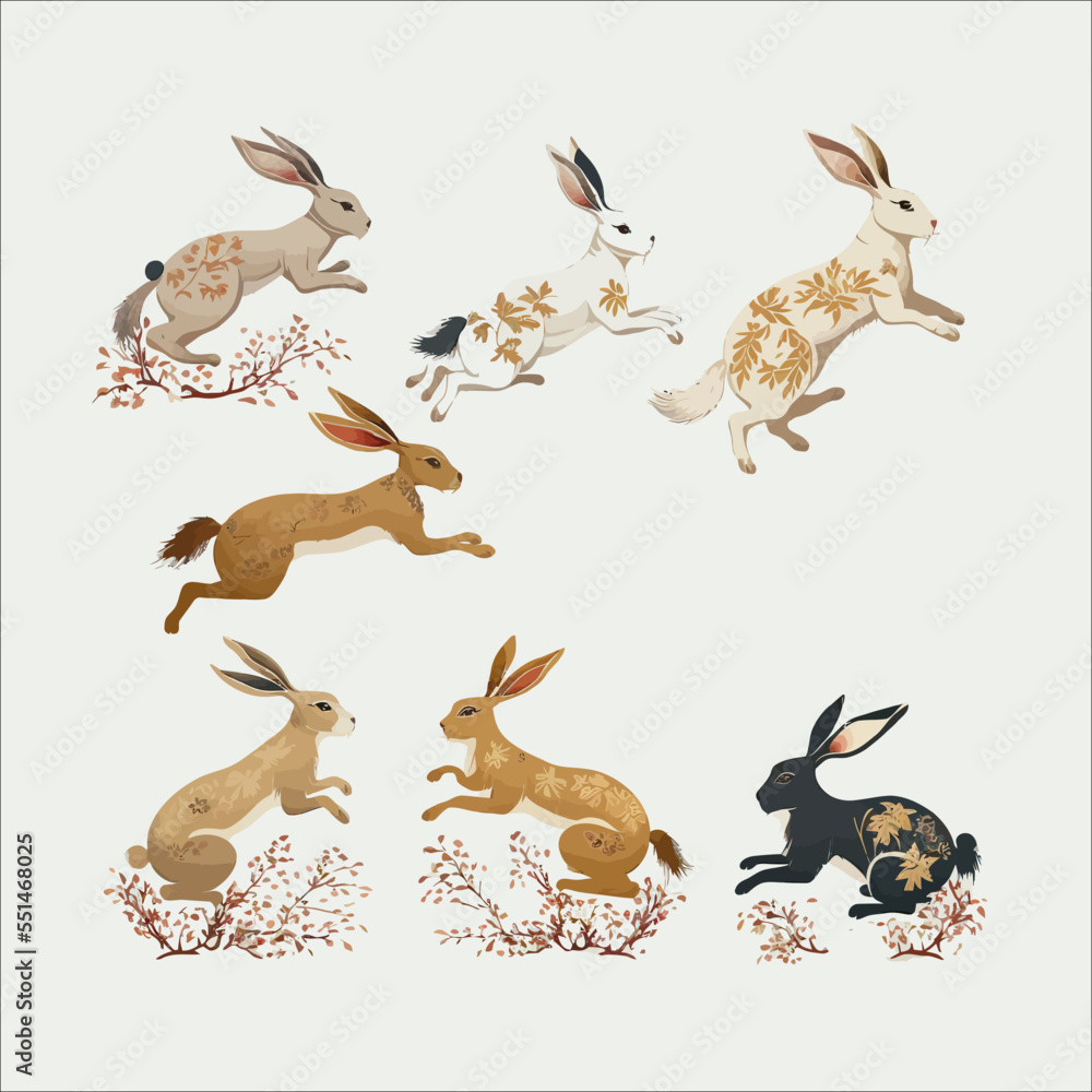 Collection of running, jumping rabbits, bunnies, new year 2023, Flat ...
