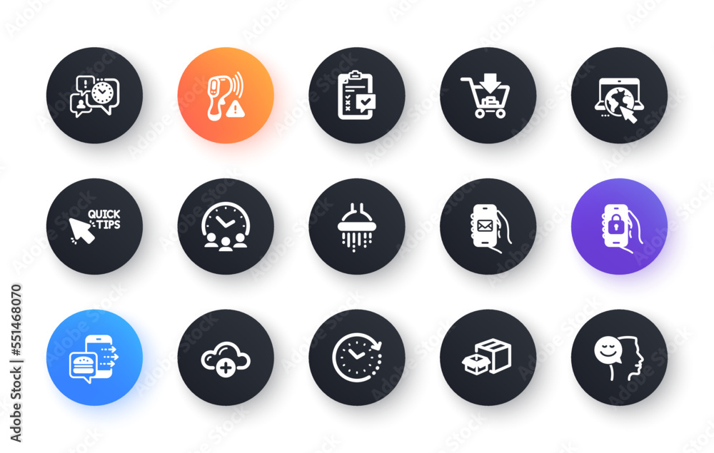 Minimal set of Time management, Cloud computing and Quick tips flat icons for web development. Internet, Shower, Food order icons. Time change, Locked app, Shopping web elements. Vector Minimal set of Time management, Cloud computing and Quick tips flat icons for web development. Internet, Shower, Food order icons. Time change, Locked app, Shopping web elements. Vector