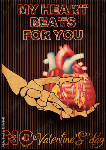 Skeleton hand holding a heart, Anti Valentines day card, My heart beats for you. vector illustration