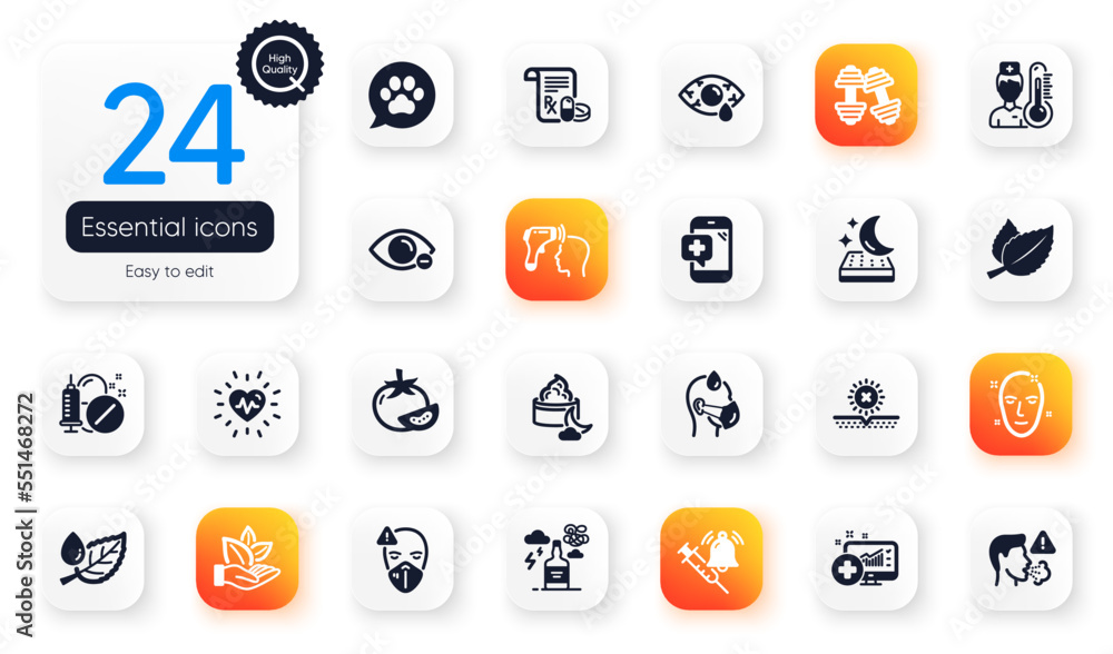 Set of Healthcare flat icons. Tomato, Leaf dew and Medical analytics elements for web application. Alcohol addiction, Night cream, Dumbbells icons. Pets care, Medical mask, Sick man elements. Vector Set of Healthcare flat icons. Tomato, Leaf dew and Medical analytics elements for web application. Alcohol addiction, Night cream, Dumbbells icons. Pets care, Medical mask, Sick man elements. Vector
