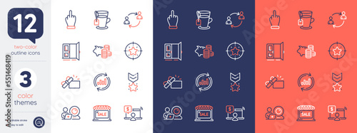 Set of Online shopping, Open door and Piggy bank line icons. Include Tea, Middle finger, User communication icons. Update data, Winner medal, Market sale web elements. Star target. Vector