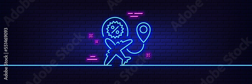 Neon light glow effect. Flight sale line icon. Shopping discount sign. Clearance symbol. 3d line neon glow icon. Brick wall banner. Flight sale outline. Vector