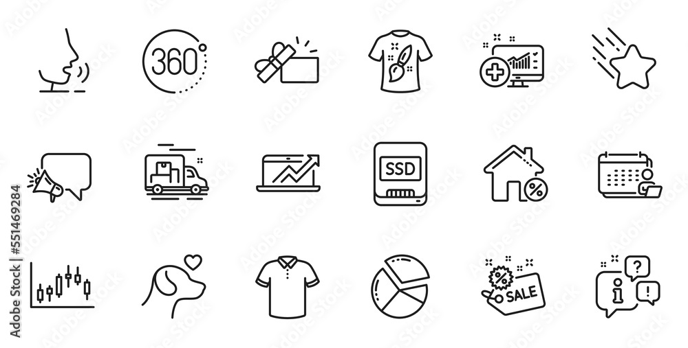 Outline set of Ssd, Opened gift and Pie chart line icons for web application. Talk, information, delivery truck outline icon. Include Sale, 360 degrees, T-shirt icons. Vector Outline set of Ssd, Opened gift and Pie chart line icons for web application. Talk, information, delivery truck outline icon. Include Sale, 360 degrees, T-shirt icons. Vector