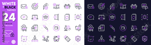 Shopping cart, Management and Employee hand line icons for website, printing. Collection of Eye detect, Cyber attack, Wallet icons. Online voting, Update document. Bicolor outline icon. Vector