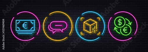 Dots message, Euro currency and Augmented reality minimal line icons. Neon laser 3d lights. Currency exchange icons. For web, application, printing. Chat bubble, Eur banking, Virtual reality. Vector