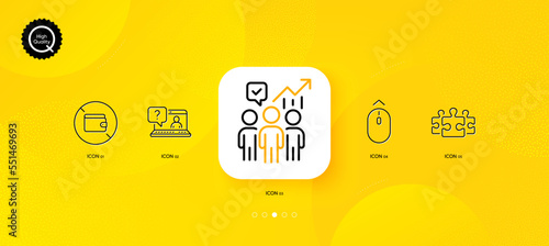 Puzzle, Wallet and Swipe up minimal line icons. Yellow abstract background. Faq, Business statistics icons. For web, application, printing. Jigsaw, No cash money, Scrolling page. Web support. Vector
