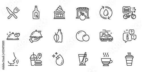 Outline set of Refill water, Market and Water bottle line icons for web application. Talk, information, delivery truck outline icon. Include Food delivery, Alcohol free, Peas icons. Vector