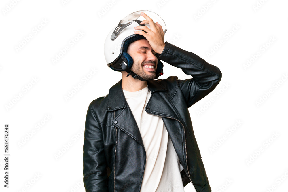 Young caucasian man with a motorcycle helmet over isolated chroma key background has realized something and intending the solution Young caucasian man with a motorcycle helmet over isolated chroma key background has realized something and intending the solution