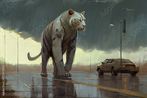 Obraz surrealizm, samiec tygrysa szablozębnego spacerującego o świcie
