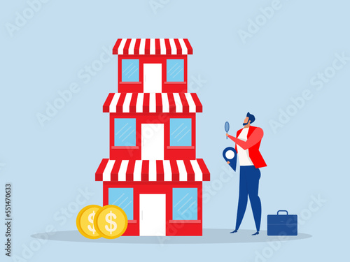 Franchise business concept,   Businessman magnifying glass investor 
 for expand his business growing store shop profit Vector Illustration