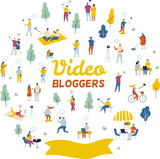 People bloggers creating content and posting it on social media. Blogging and vlogging set. Bundle of flat characters isolated on white background. 