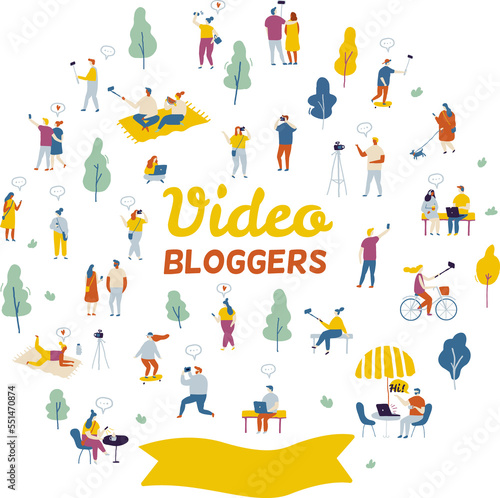 People bloggers creating content and posting it on social media. Blogging and vlogging set. Bundle of flat characters isolated on white background. 