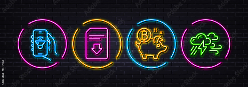 Music app, Bitcoin coin and Download file minimal line icons. Neon laser 3d lights. Bad weather icons. For web, application, printing. Smartphone sound, Piggy bank, Load document. Clouds. Vector