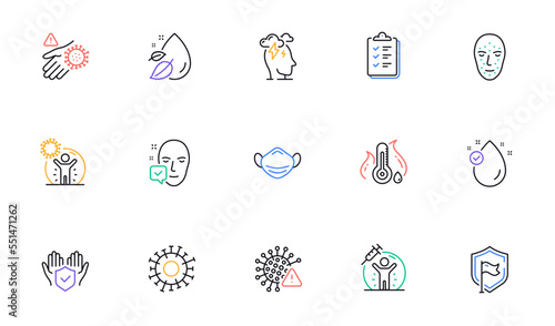 Stress, Wash hand and Coronavirus protection line icons for website, printing. Collection of Vaccine protection, Water drop, Insurance hand icons. Checklist, Coronavirus. Vector