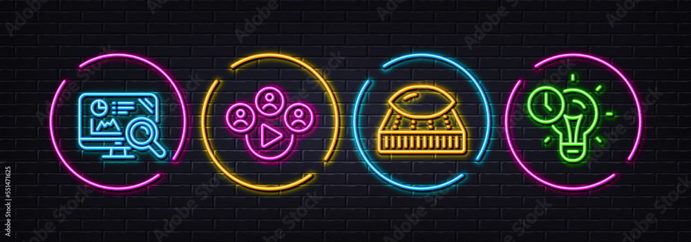 Mattress, Seo analytics and Video conference minimal line icons. Neon laser 3d lights. Time management icons. For web, application, printing. Sleeping pillow, Statistics, Remote business. Vector