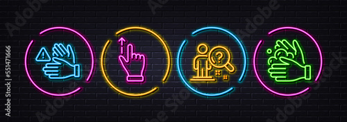 Touchscreen gesture, Search employee and Dont touch minimal line icons. Neon laser 3d lights. Wash hands icons. For web, application, printing. Slide up, Questions for candidate, Clean hands. Vector