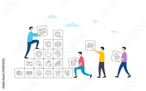 Time management line icons. People team work concept. Alarm clock, timer plan and project deadline signs. Countdown clock, time log and appointment reminder icons. Vector