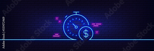 Neon light glow effect. Last minute sale line icon. Shopping timer sign. Supermarket time symbol. 3d line neon glow icon. Brick wall banner. Last minute outline. Vector