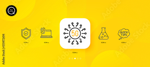 Chemistry lab, Approved shield and Quick tips minimal line icons. Yellow abstract background. 5g technology, Computer fingerprint icons. For web, application, printing. Vector