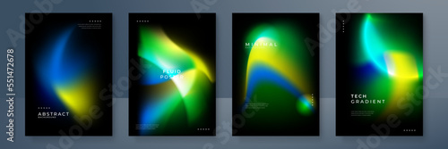 Blurred backgrounds set with modern abstract blurred yellow green orange gradient pattern on black background. Smooth templates for brochure, poster, banner, flyer and card. Vector illustration.