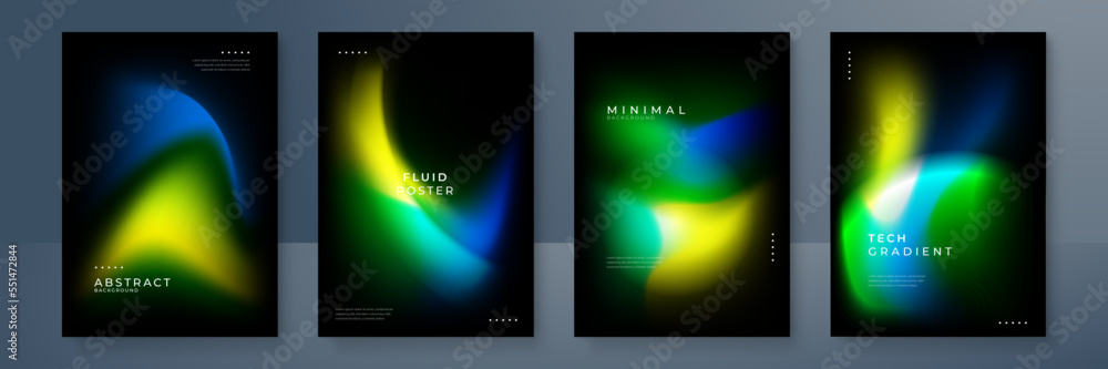 Blurred yellow green orange backgrounds set with modern abstract blurred aurora gradient pattern on black background. Smooth templates for brochure, poster, banner, flyer and card. Vector illustration