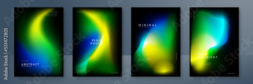 Blurred backgrounds set with modern abstract blurred yellow green orange gradient pattern on black background. Smooth templates for brochure, poster, banner, flyer and card. Vector illustration.