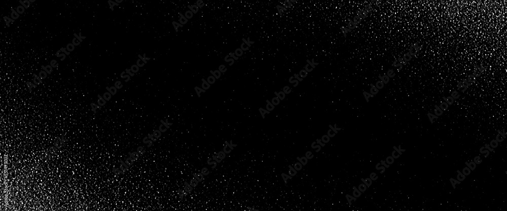 Abstract glitter background, snow imitation in silver, on black, white scratches isolated on a black background. template for design.	