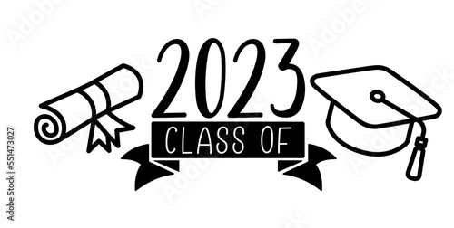 CLASS OF 2023. Graduation logo with cap and diploma for high school, college graduate. Template for graduation design, party. Hand drawn font for yearbook class of 2023. Vector illustration.