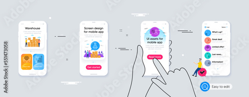 Outline set of Video conference, Graph chart and Brand ambassador line icons for web application. Phone ui interface. Include Repairman, Organic tested, Phone payment icons. Vector
