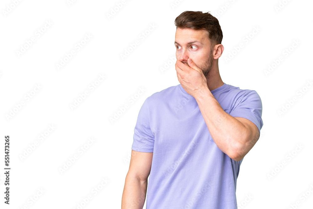 Young handsome caucasian man over isolated chroma key background doing surprise gesture while looking to the side Young handsome caucasian man over isolated chroma key background doing surprise gesture while looking to the side