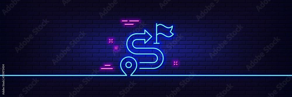 Neon light glow effect. Journey line icon. Road path sign. Route map distance symbol. 3d line neon glow icon. Brick wall banner. Journey outline. Vector Neon light glow effect. Journey line icon. Road path sign. Route map distance symbol. 3d line neon glow icon. Brick wall banner. Journey outline. Vector