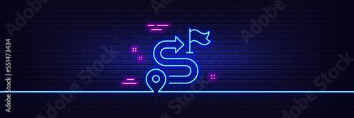 Neon light glow effect. Journey line icon. Road path sign. Route map distance symbol. 3d line neon glow icon. Brick wall banner. Journey outline. Vector