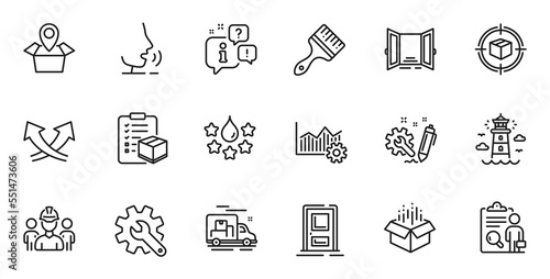Outline set of Package location, Lighthouse and Brush line icons for web application. Talk, information, delivery truck outline icon. Include Open door, Parcel checklist, Engineering icons. Vector