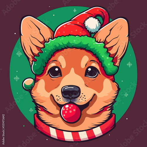 dog wearing a Christmas red sweater with Nordic snowflake pattern vector cartoon illustration or sticker  isolated on white. Funny humorous Christmas, pet lover, pet clothes theme design element. photo