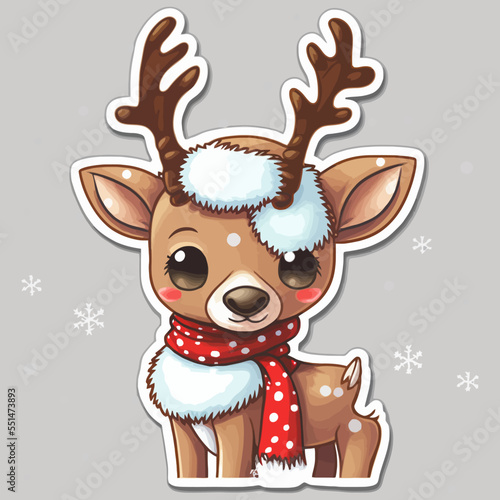 Christmas reindeer red nosed deer cartoon character wearing a Santa Claus hat
