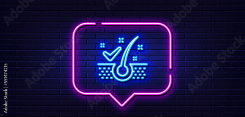 Neon light speech bubble. Anti-dandruff flakes line icon. Dandruff shampoo sign. Clean hair symbol. Neon light background. Anti-dandruff flakes glow line. Brick wall banner. Vector