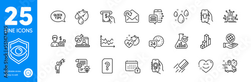 Outline icons set. Safe planet, Atm service and Calendar icons. Timer, Brand ambassador, Shop app web elements. Receive mail, Puzzle options, Quickstart guide signs. Cardio training. Vector